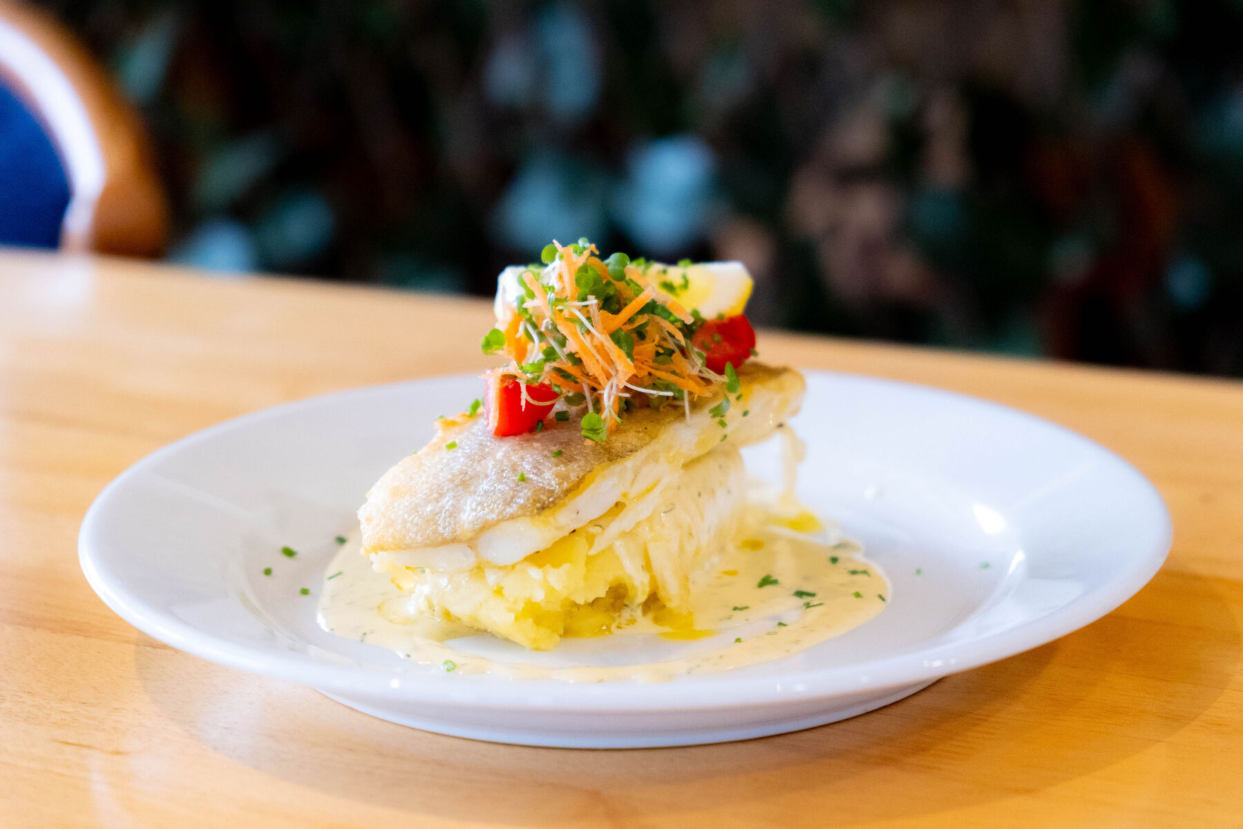 Delicious gourmet fish dish with creamy sauce and fresh vegetable garnish on a white plate.