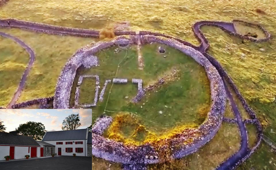 Aerial view of ancient stone fort in countryside, with inset of traditional farmhouse at sunset.