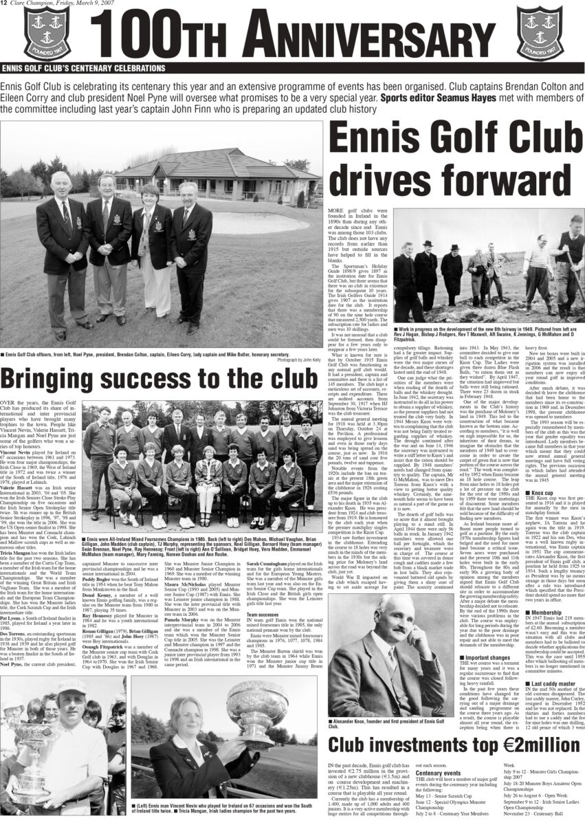 Ennis Golf Club 100th Anniversary Newspaper Page with Photos and Articles About Club History and Celebrations.