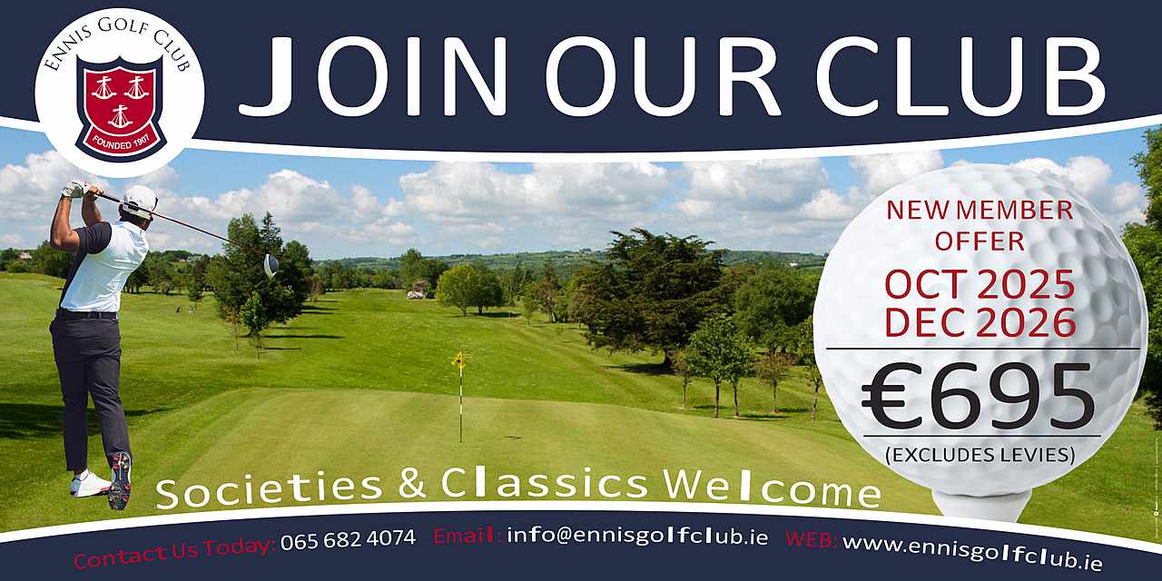 Golfer on green at Ennis Golf Club with membership offer banner. New member discount available October 2025 to December 2026.