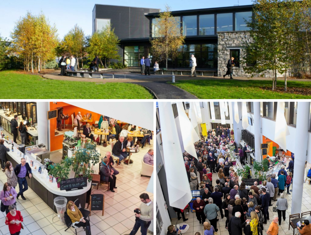 Modern building exterior with people outside and crowded indoor café scene with vibrant social gathering.