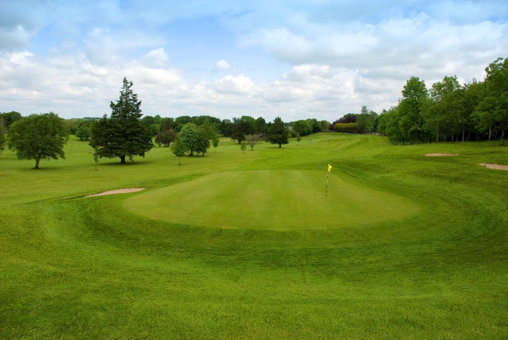 Scenic golf course with lush green fairways, a flag on the putting green, and a backdrop of trees under a blue sky.