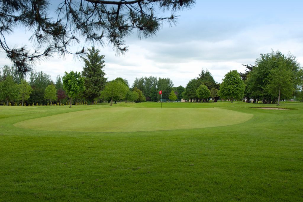 Golf course with manicured green, surrounded by trees, under a cloudy sky. Red flag marks the hole.