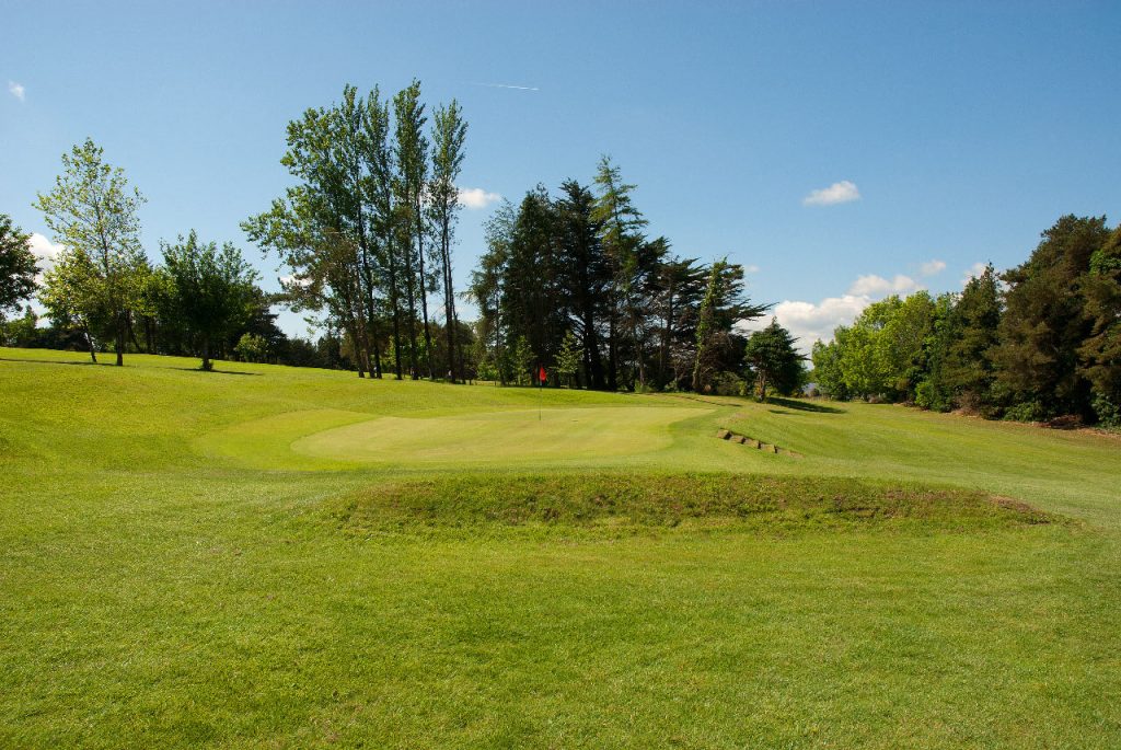A lush green golf course with trees under a clear blue sky, highlighting a beautiful day for golfing.