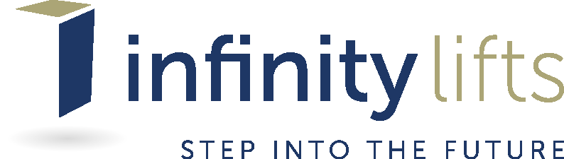 Logo for Infinity Lifts featuring a stylized elevator door and slogan Step Into the Future.