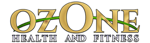Ozone Health and Fitness logo with a golden text design and green swoosh.