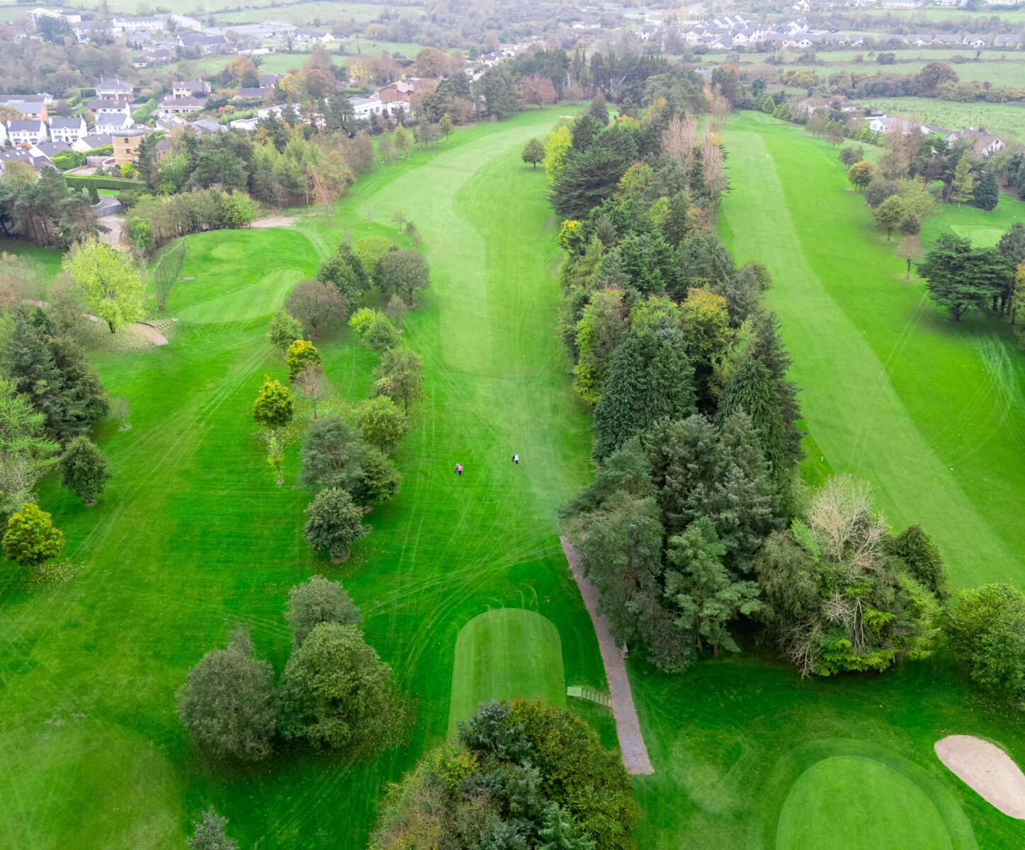 Aerial view of lush green golf course surrounded by trees and houses on a cloudy day.