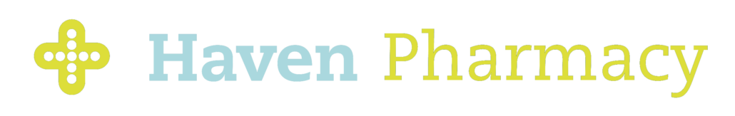 Haven Pharmacy logo featuring blue and yellow text with a medical cross symbol.