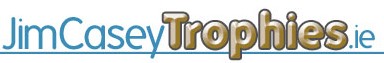 Jim Casey Trophies logo in blue and gold, featuring the website address JimCaseyTrophies.ie.