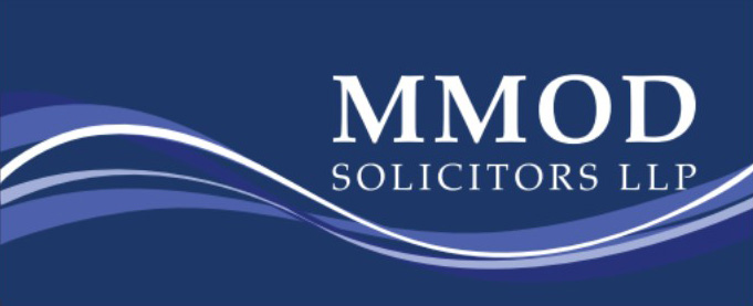 Logo of MMOD Solicitors LLP on a blue background with wave design.