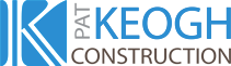 Pat Keogh Construction logo with blue and brown text on a transparent background.