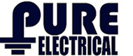 Pure Electrical logo with stylized grounding symbol in navy blue.