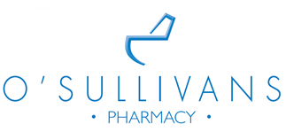 O'Sullivans Pharmacy logo showcasing sleek blue text and a stylized symbol above, emphasizing modern healthcare branding.