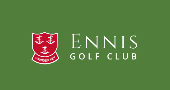 Ennis Golf Club logo featuring a red shield with anchors, established 1907, on green background.