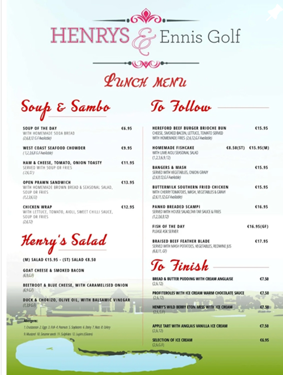 Lunch menu at Henrys & Ennis Golf featuring soups, sandwiches, salads, main dishes, and desserts.