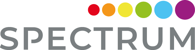 Spectrum wordmark with colorful dots above each letter, spanning red to purple.