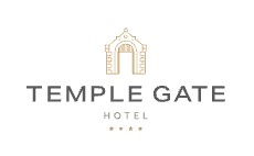 Temple Gate Hotel logo with arch symbol, featuring four stars below the name. Stylish and elegant design.