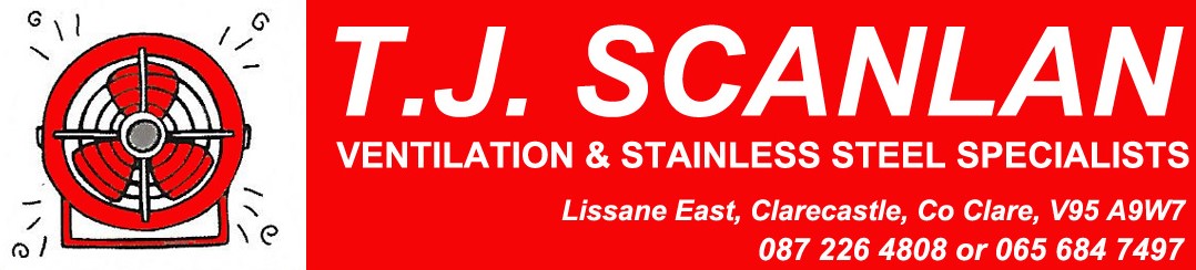 Red banner for T.J. Scanlan, specialists in ventilation and stainless steel, with contact details and fan graphic.