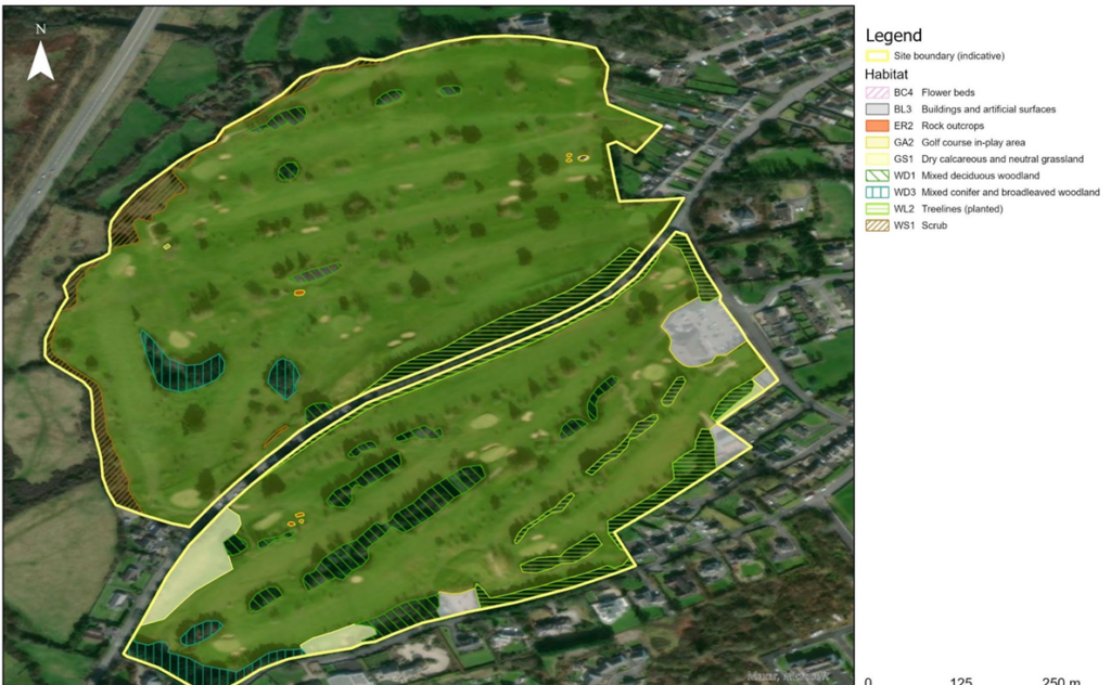 Aerial view of golf course with varied habitats, including woodlands, grassland, and artificial surfaces, outlined in color.