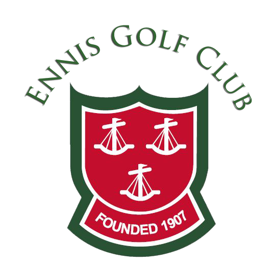 Ennis Golf Club logo, featuring red shield with ship designs, established in 1907.