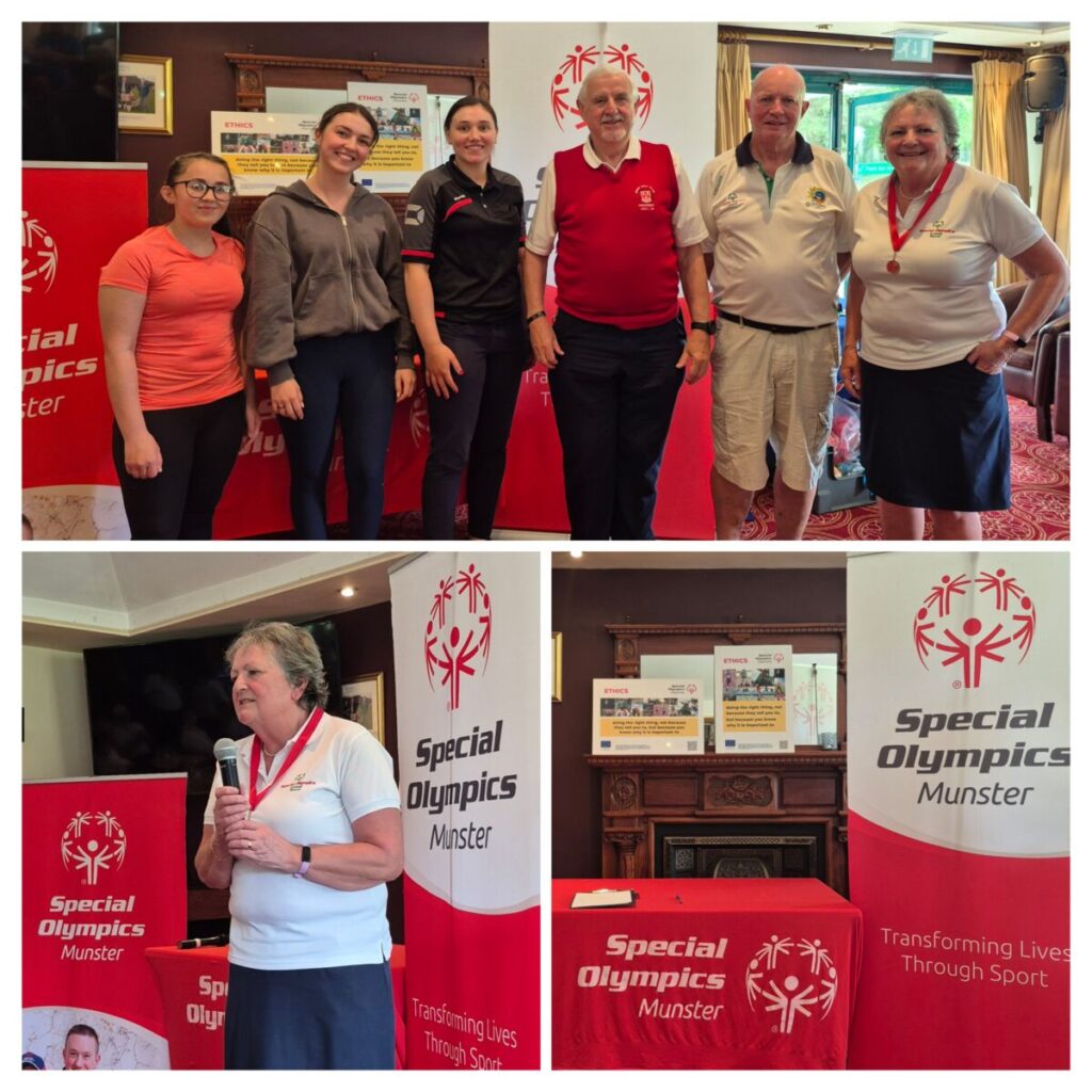 Group of people at Special Olympics Munster event with banners in the background.