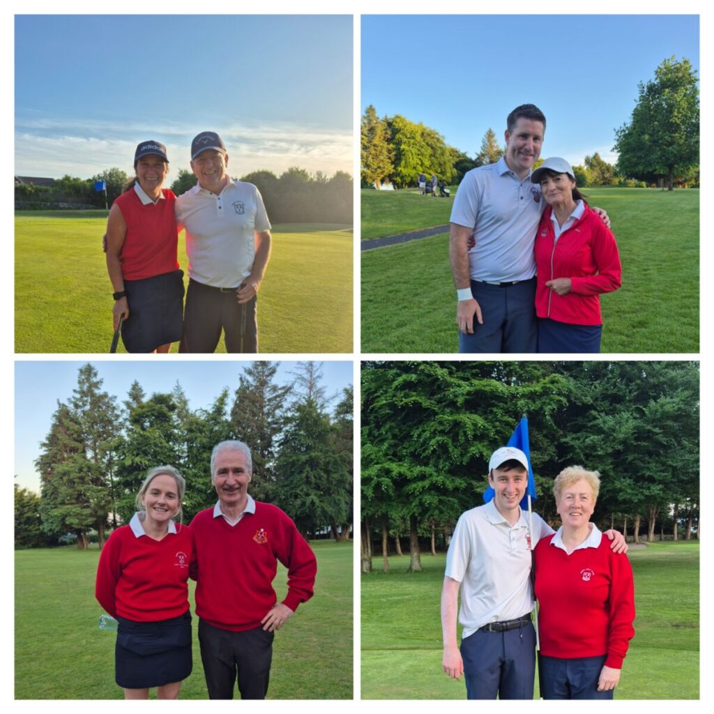 Pairs of golfers posing on a lush golf course during a sunny day.