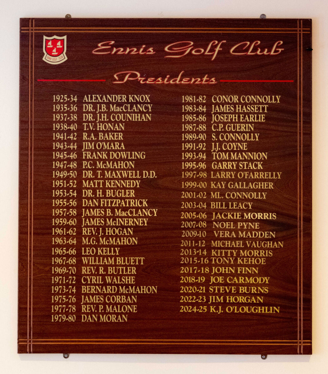 Ennis Golf Club Presidents list displayed on a wooden plaque with names and years from 1925 to 2025.