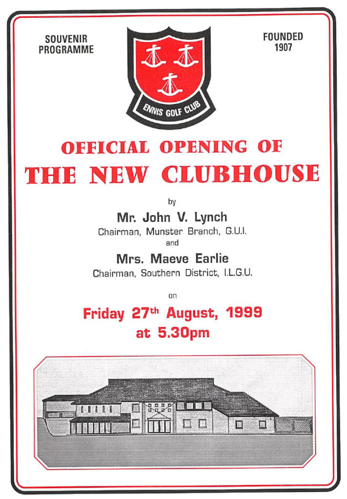 Ennis Golf Clubhouse official opening invite from 1999 with event details and illustration of the clubhouse.